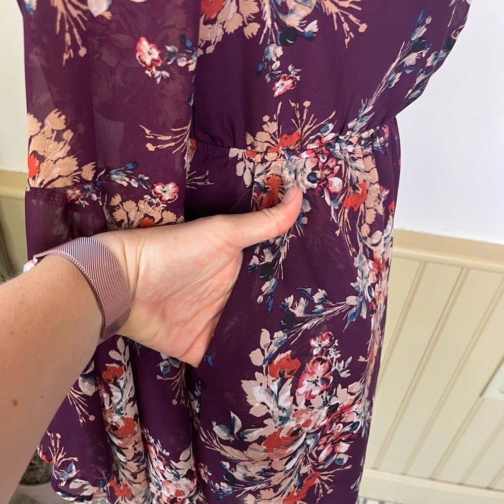 Miami Floral Mini Dress S Purple Bell Sleeve Pockets Boho Fall Wedding Fairycore - Picture 2 of 13